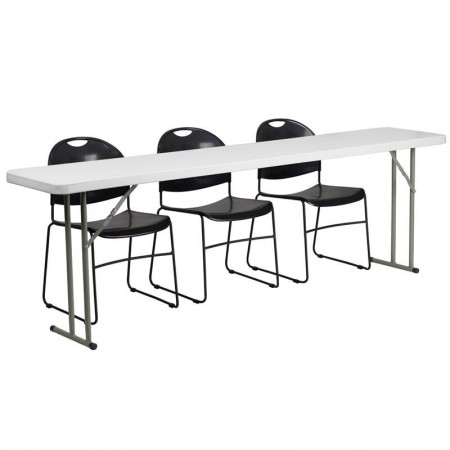 Flash Furniture RB-1896-1-GG Plastic Folding Training Table with 3 Black Plastic Stack Chairs 18" x 96"