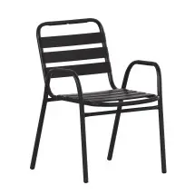 Flash Furniture TLH-018C-BK-GG Indoor/Outdoor Black Restaurant Stack Chair with Metal Triple Slat Back and Arms