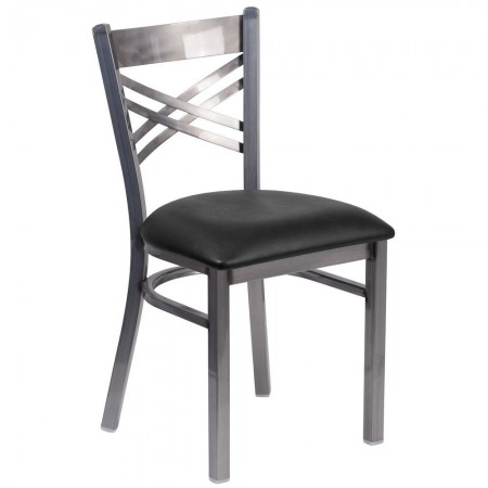 Flash Furniture XU-6FOB-CLR-BLKV-GG HERCULES Clear Coated "X" Back Metal Restaurant Chair - Black Vinyl Seat