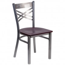 Flash Furniture XU-6FOB-CLR-MAHW-GG HERCULES Clear Coated &quot;X&quot; Back Metal Restaurant Chair - Mahogany Wood Seat