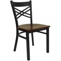 Flash Furniture XU-6FOBXBK-MAHW-GG HERCULES Series Black &quot;X&quot; Back Metal Restaurant Chair - Mahogany Wood Seat