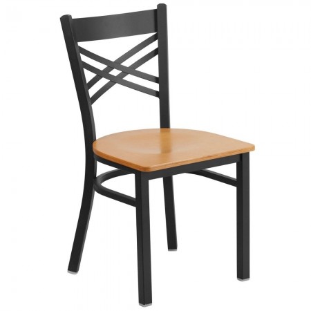 Flash Furniture XU-6FOBXBK-NATW-GG HERCULES Black "X" Back Metal Restaurant Chair - Natural Wood Seat