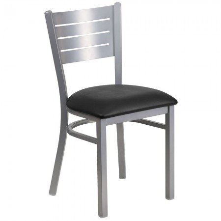 Flash Furniture XU-DG-60401-BLKV-GG HERCULES Silver Slat Back Metal Restaurant Chair - Black Vinyl Seat