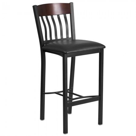 Flash Furniture XU-DG-60618B-WAL-BLKV-GG Eclipse Vertical Back Black Metal and Walnut Wood Restaurant Barstool with Black Vinyl Seat