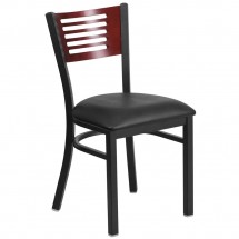Flash Furniture XU-DG-6G5B-MAH-BLKV-GG HERCULES Black Slat Back Metal Restaurant Chair - Mahogany Wood Back, Black Vinyl Seat