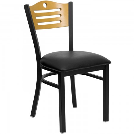 Flash Furniture XU-DG-6G7B-SLAT-BLKV-GG HERCULES Series Black Slat Back Metal Restaurant Chair - Natural Wood Back, Black Vinyl Seat