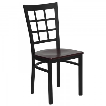 Flash Furniture XU-DG6Q3BWIN-MAHW-GG HERCULES Series Black Window Back Metal Restaurant Chair - Mahogany Wood Seat