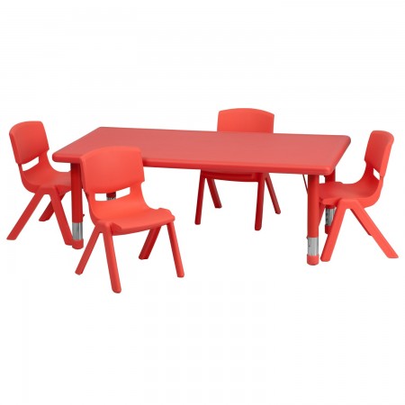 Flash Furniture YU-YCX-0013-2-RECT-TBL-RED-R-GG Adjustable Rectangular Red Plastic Activity Table Set with 4 School Stack Chairs