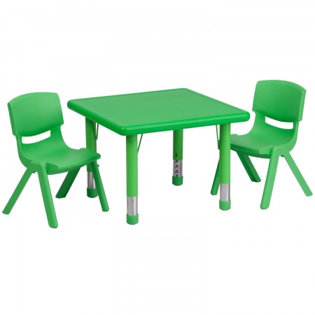 Flash Furniture YU-YCX-0023-2-SQR-TBL-GREEN-R-GG Square Adjustable Green Plastic Activity Table Set with 2 School Stack Chairs 24"
