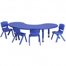 Flash Furniture YU-YCX-0043-2-MOON-TBL-BLUE-E-GG Adjustable Half-Moon Blue Plastic Activity Table Set with 4 School Stack Chairs, 35&quot; x 65&quot;