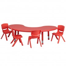 Flash Furniture YU-YCX-0043-2-MOON-TBL-RED-E-GG Adjustable Half-Moon Red Plastic Activity Table Set with 4 School Stack Chairs, 35&quot; x 65&quot;