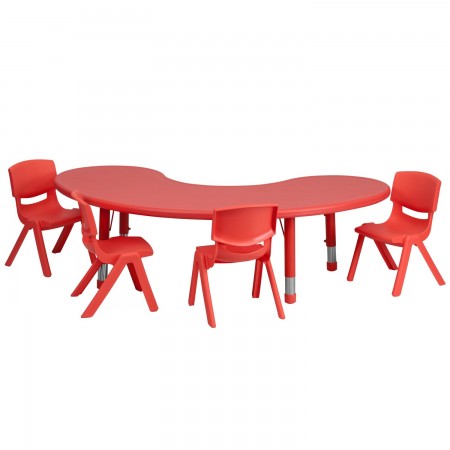 Flash Furniture YU-YCX-0043-2-MOON-TBL-RED-E-GG Adjustable Half-Moon Red Plastic Activity Table Set with 4 School Stack Chairs, 35" x 65"