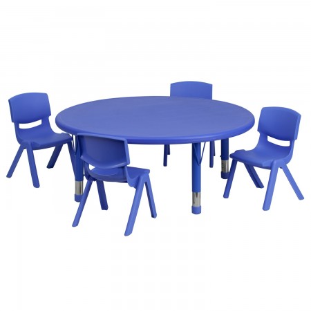 Flash Furniture YU-YCX-0053-2-ROUND-TBL-BLUE-E-GG Round Adjustable Blue Plastic Activity Table Set with 4 School Stack Chairs 45"