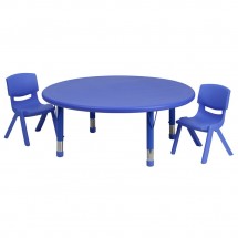 Flash Furniture YU-YCX-0053-2-ROUND-TBL-BLUE-R-GG Round Adjustable Blue Plastic Activity Table Set with 2 School Stack Chairs 45&quot;