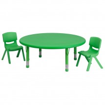 Flash Furniture YU-YCX-0053-2-ROUND-TBL-GREEN-R-GG Round Adjustable Green Plastic Activity Table Set with 2 School Stack Chairs 45&quot;