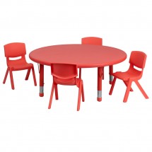 Flash Furniture YU-YCX-0053-2-ROUND-TBL-RED-E-GG Round Adjustable Red Plastic Activity Table Set with 4 School Stack Chairs 45&quot;