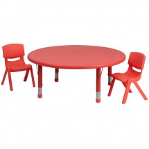 Flash Furniture YU-YCX-0053-2-ROUND-TBL-RED-R-GG Round Adjustable Red Plastic Activity Table Set with 2 School Stack Chairs 45&quot;