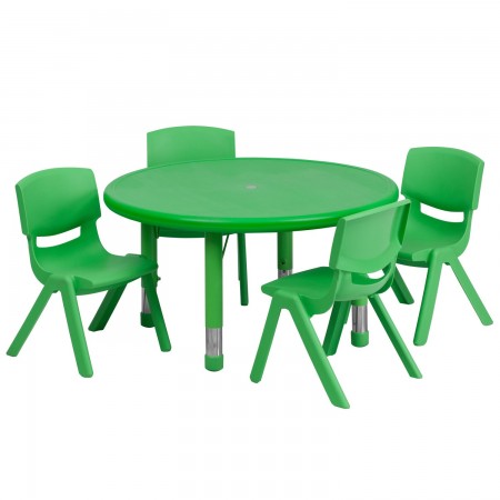 Flash Furniture YU-YCX-0073-2-ROUND-TBL-GREEN-E-GG Round Adjustable Green Plastic Activity Table Set with 4 School Stack Chairs 33"