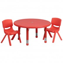 Flash Furniture YU-YCX-0073-2-ROUND-TBL-RED-R-GG Round Adjustable Red Plastic Activity Table Set with 2 School Stack Chairs 33&quot;