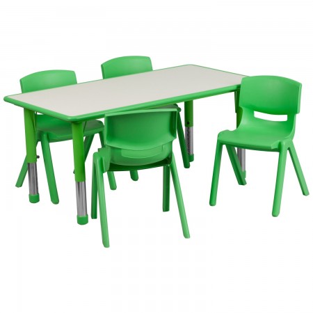 Flash Furniture YU-YCY-060-0034-RECT-TBL-GREEN-GG Adjustable Rectangular Green Plastic Activity Table Set with 4 School Chairs, 23-5/8" x 47-1/4"