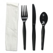 Four-Piece Cutlery Kit, Fork/Knife/Napkin/Teaspoon, Black, 250/Carton