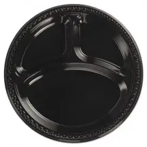 Chinet Black Heavyweight Plastic 3-Compartment Plates, 10 1/4", 500/Carton