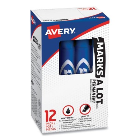Avery MARKS A LOT Regular Desk-Style Permanent Marker, Broad Chisel Tip, Blue, 12/Pack