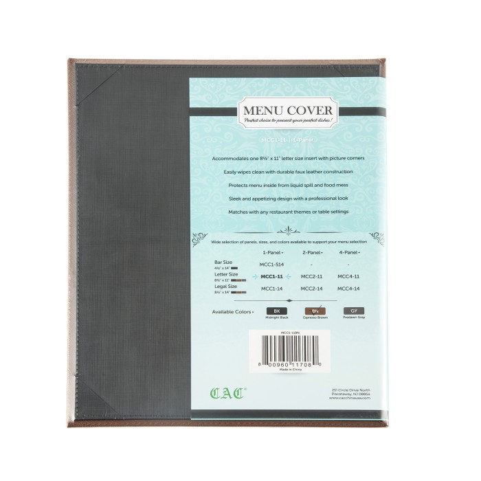 CAC China MCC1-11BN Brown Menu Cover Faux Leather 1-Panel 8 1/2" x 11"