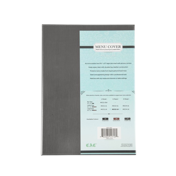 CAC China MCC2-14GY Gray Menu Cover Faux Leather 2-Panel 8 1/2" x 14"