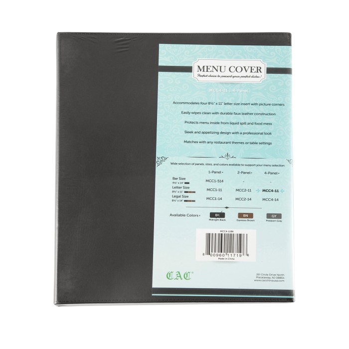 CAC China MCC4-11BK Black Menu Cover Faux Leather 4-Panel 8 1/2" x 11"