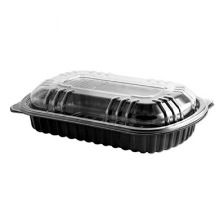 MicroRaves Rib Container with Vented Anti-Fog Lids, Half Slab, 22 oz., Black/Clear, 150/Carton