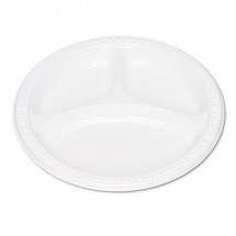 White Plastic Dinnerware 3-Compartment Plates, 9", 125/Carton