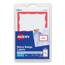 Printable Adhesive Name Badges, 3.38 x 2.33, Red Border, 100/Pack