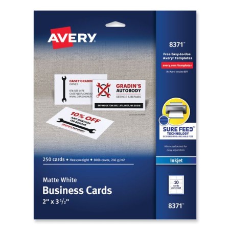 Printable Microperforated Business Cards with Sure Feed Technology, Inkjet, 2 x 3.5, White, Matte, 250/Pack
