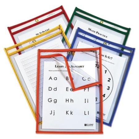 Reusable Dry Erase Pockets, 9 x 12, Assorted Primary Colors, 10/Pack