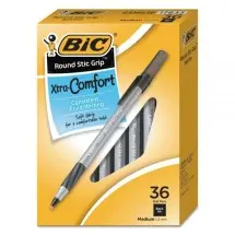 BIC Round Stic Grip Xtra Comfort Stick Ballpoint Pen, 1.2mm, Black Ink, Gray Barrel, 36/Pack