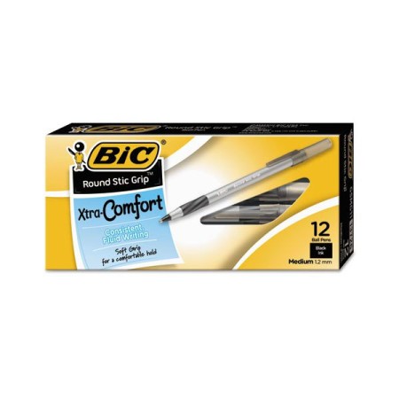 BIC Round Stic Grip Xtra Comfort Stick Ballpoint Pen, 1.2mm, Black Ink, Gray Barrel, Dozen
