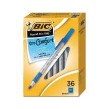 BIC Round Stic Grip Xtra Comfort Stick Ballpoint Pen, 1.2mm, Blue Ink, Gray Barrel, 36/Pack