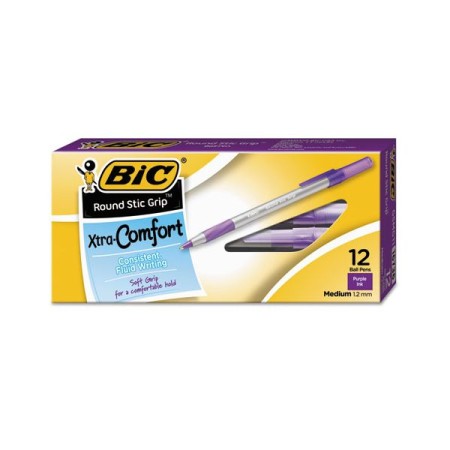 BIC Round Stic Grip Xtra Comfort Stick Ballpoint Pen, 1.2mm, Purple Ink, Gray Barrel, Dozen