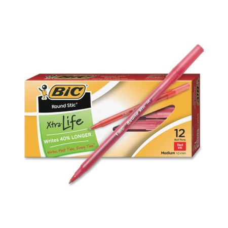 BIC Round Stic Xtra Life Stick Ballpoint Pen, 1mm, Red Ink, Translucent Red Barrel, Dozen