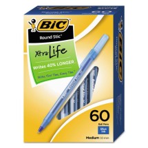 BIC Round Stic Xtra Life Stick Ballpoint Pen VP, 1mm, Blue Ink, Translucent Blue Barrel, 60/Box