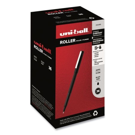 Stick Roller Ball Pen, Micro 0.5mm, Black Ink, Black Matte Barrel, 36/Pack