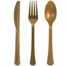 TigerChef Heavy Duty Gold Plastic Cutlery Set - Includes 32 Forks, 32 Teaspoons, and 32 Knives, Set of 96