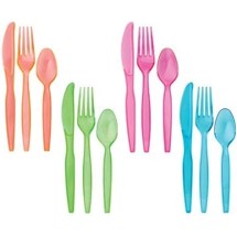 TigerChef Assorted Neon Plastic Party Cutlery Set, Forks, Knives, Spoons, 384/Pack
