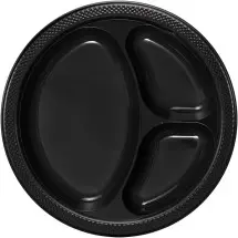 TigerChef Black Plastic 3 Compartment Divided Plates, 100/Pack