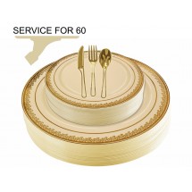 TigerChef Disposable Plastic Plate and Silverware Combo Set, Florid Cream and Gold - Service for 60