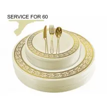 TigerChef Disposable Plastic Plate and Silverware Combo Set, Swirly Cream and Gold - Service for 60