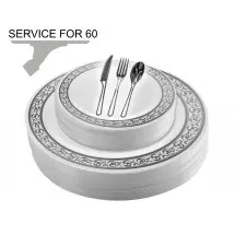 TigerChef Disposable Plastic Plate and Silverware Combo Set, Swirly White and Silver - Service for 60