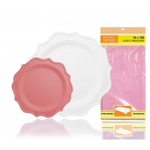 TigerChef Heavy Duty Pink and White Scalloped Rim Disposable Party Supplies Set with Tablecloth - Service for 24