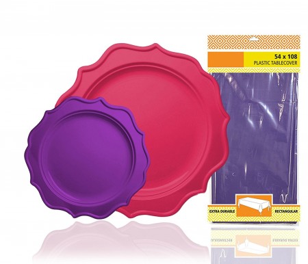 TigerChef Heavy Duty Purple and Hot Pink Scalloped Rim Disposable Party Plates Set with Tablecloth - Service for 24